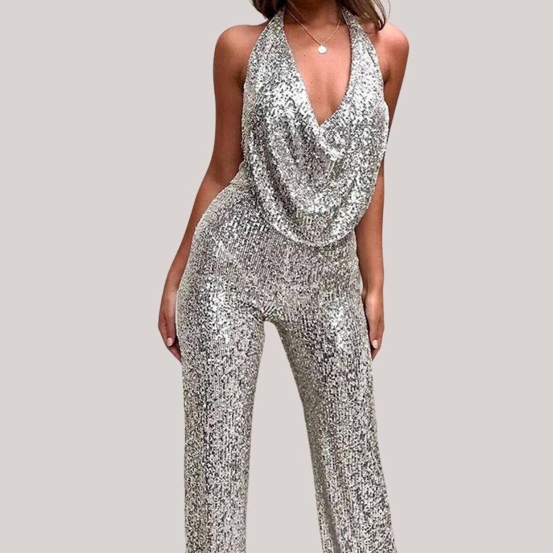 Women’s Sequin Halter Wide-Leg Jumpsuit with Open Back