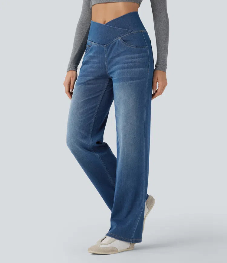 Women’s Crossover High Waisted Tummy Control Jeans with Straight Legs and Pockets