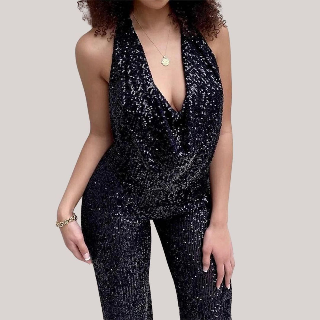Women’s Sequin Halter Wide-Leg Jumpsuit with Open Back
