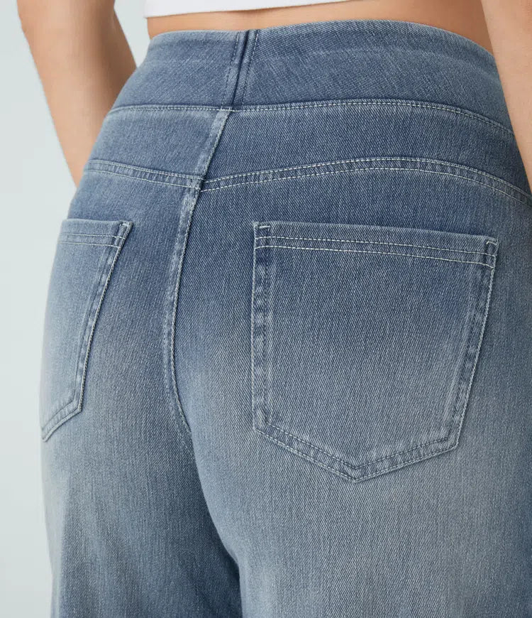 Women’s High Waist Denim Pants with Wide Legs and Waistband