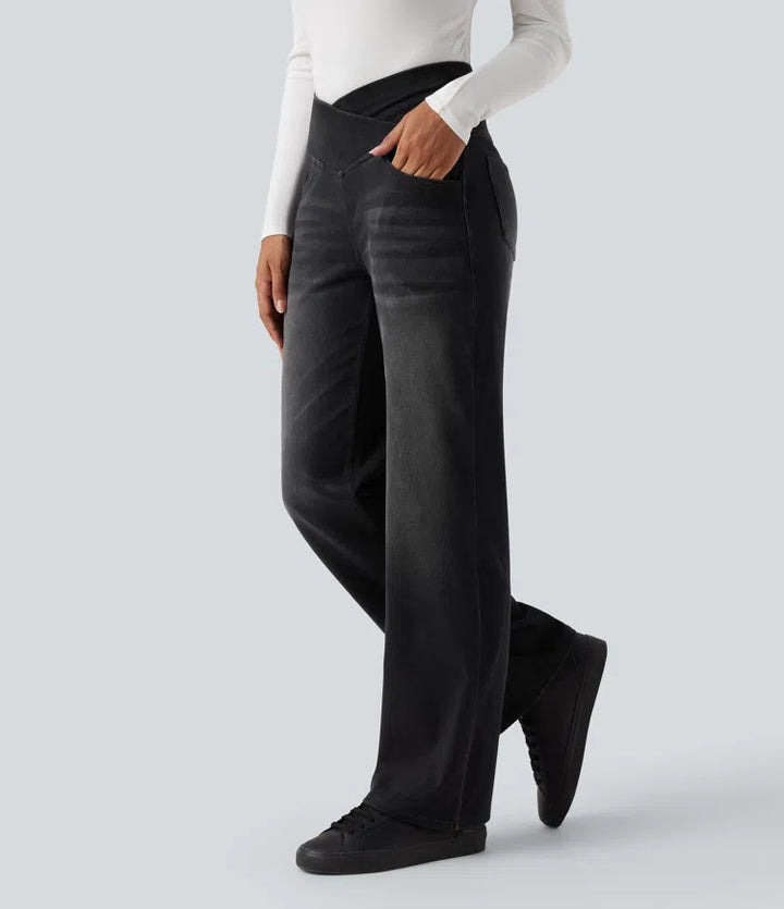 Women’s Crossover High Waisted Tummy Control Jeans with Straight Legs and Pockets
