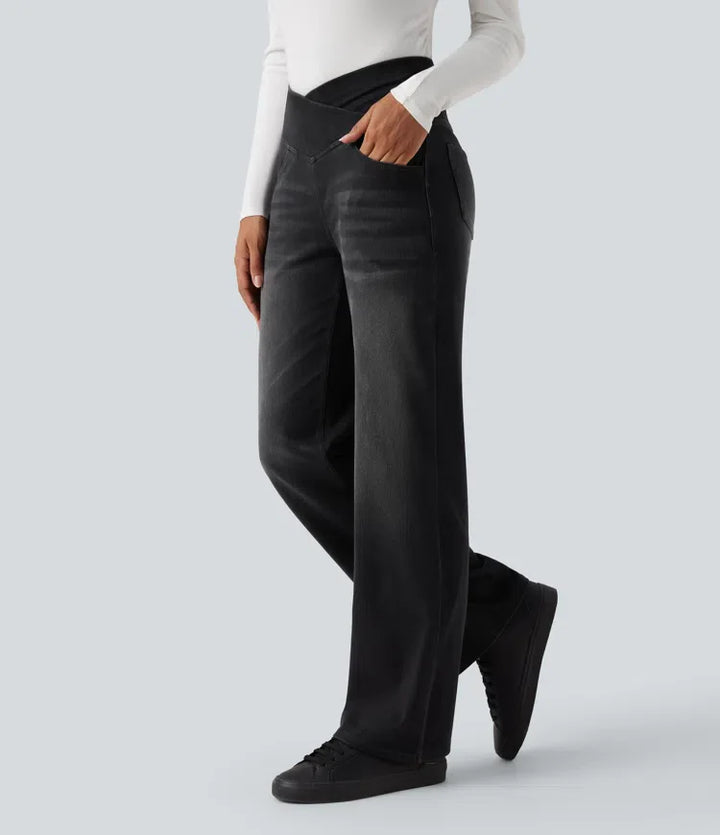 Women’s Crossover High Waisted Tummy Control Jeans with Straight Legs and Pockets