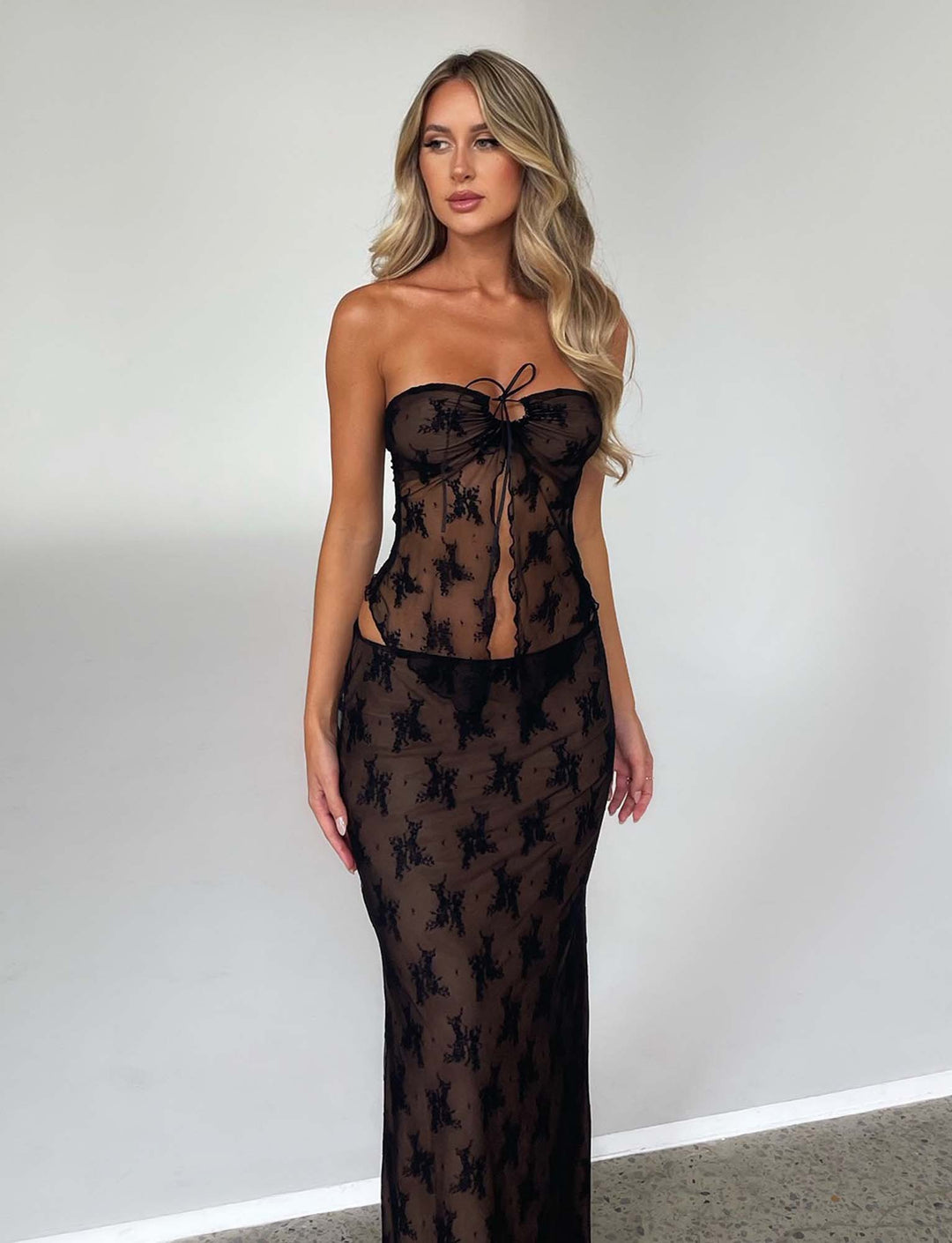 Women’s Strapless Sheer Lace Two-Piece Set with Maxi Skirt