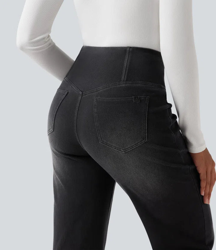 Women’s Crossover High Waisted Tummy Control Jeans with Straight Legs and Pockets