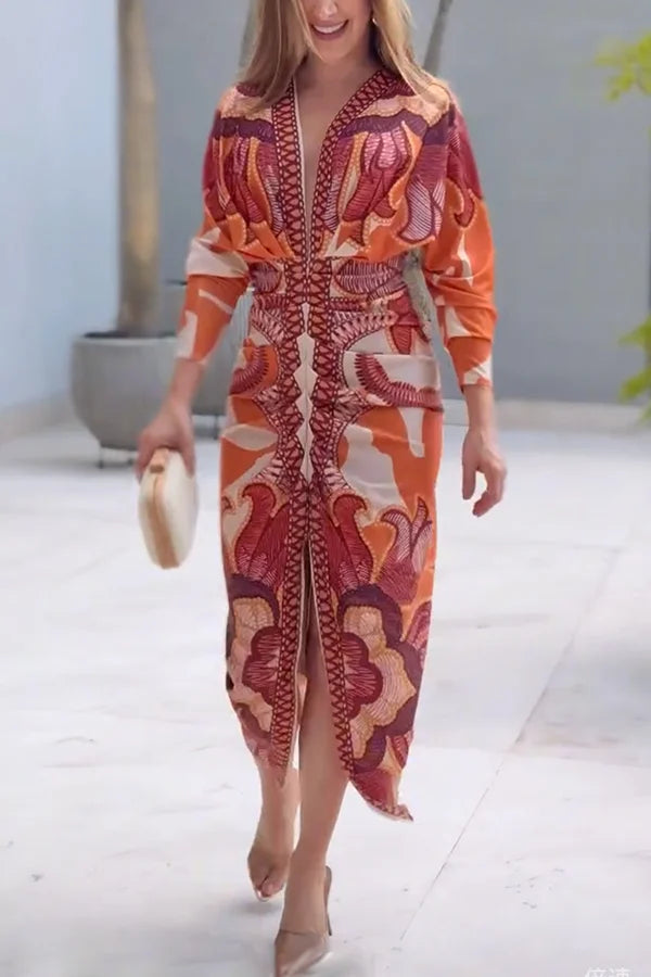Women’s V-Neck Printed Ruched Midi Dress with Split