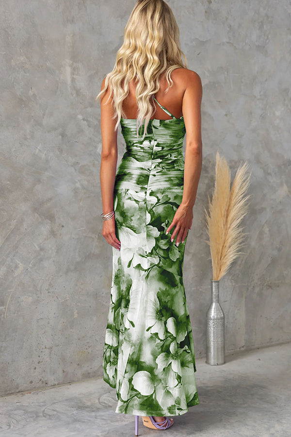 Women’s One-Shoulder Floral Maxi Dress with Ruching