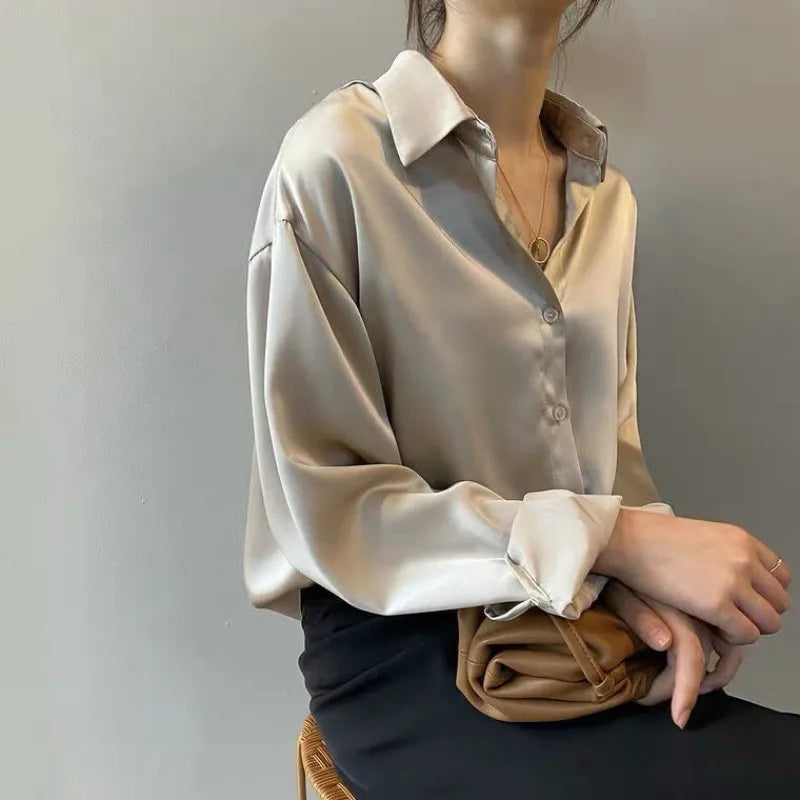 Women’s Long Sleeve Buttoned Satin Blouse with Pointed Collar