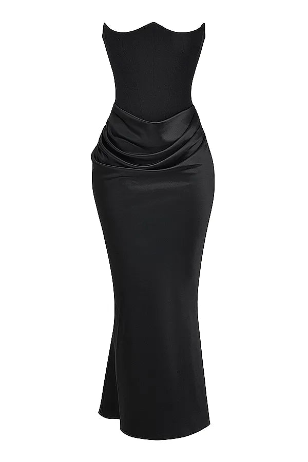 Women’s Strapless Corset Maxi Dress with Draped Hip