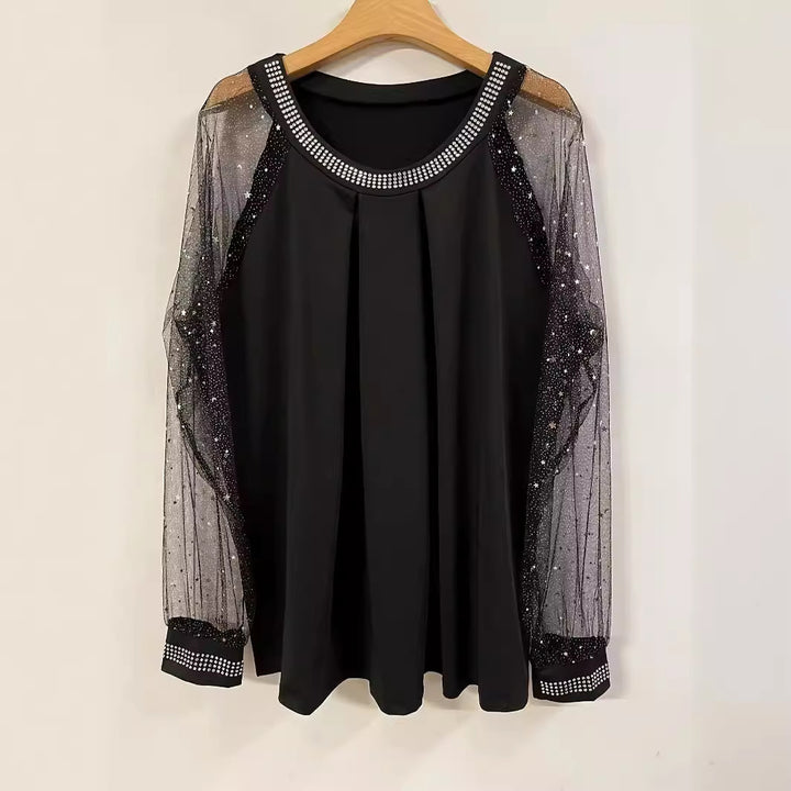 Women’s Sequin Embellished Evening Top with Mesh Long Sleeves