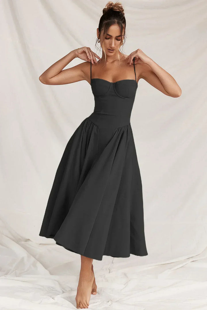 Women’s Bustier Midi Dress with Full Gathered Skirt