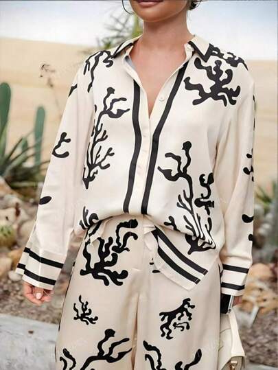 Women’s Printed Shirt and Wide-Leg Pants Set