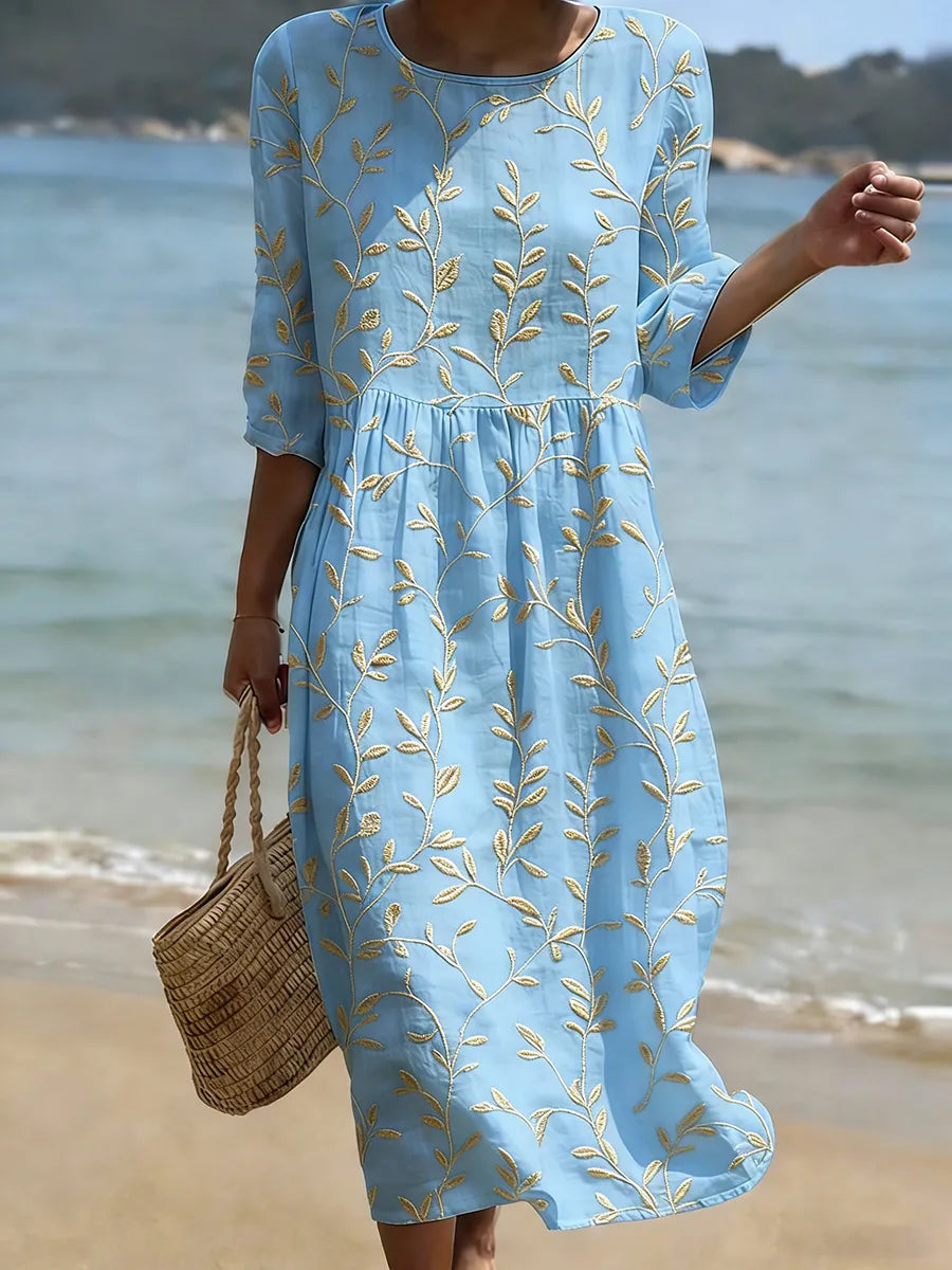 Women's Floral Midi Dress with Round Neck