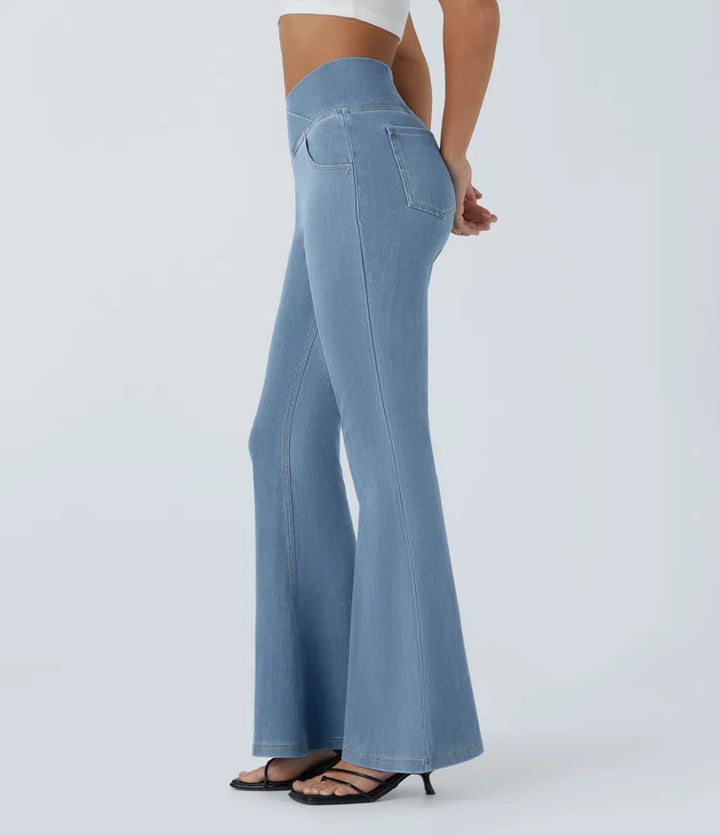 Women’s Flare Pants with High-Rise Crossover Waist and Pockets