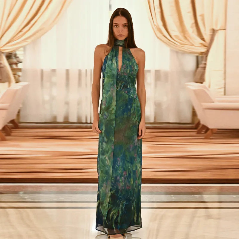 Women’s Keyhole Evening Maxi Dress with Halter Neck