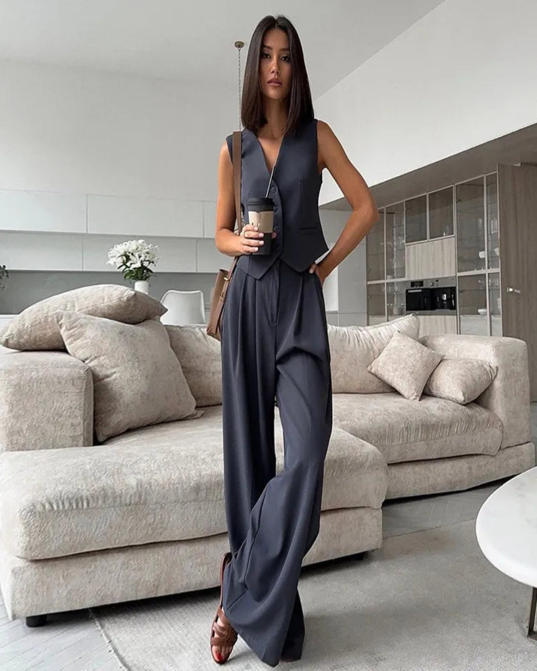 Women’s Formal with V-Neck Vest and Wide-Leg Pants