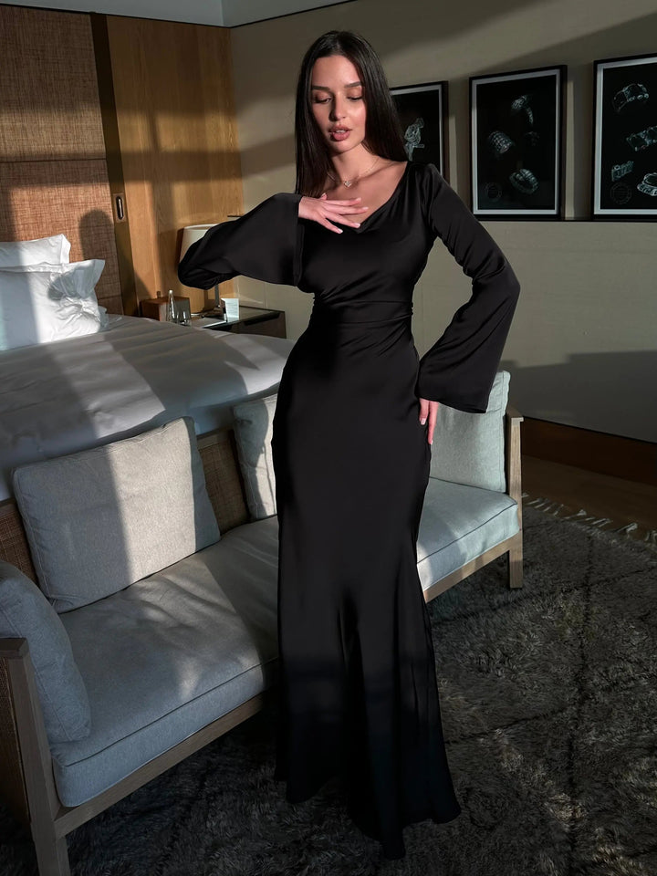 Women’s Satin Lace-Up Waist Maxi Dress with Long Fluted Sleeves