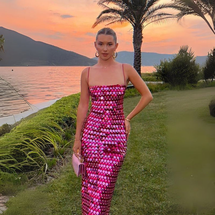 Women’s Sequin Midi Cocktail Dress with Slim Straps