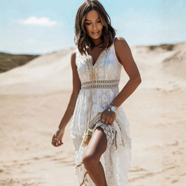Women’s Sleeveless Boho Maxi Dress with V-neck