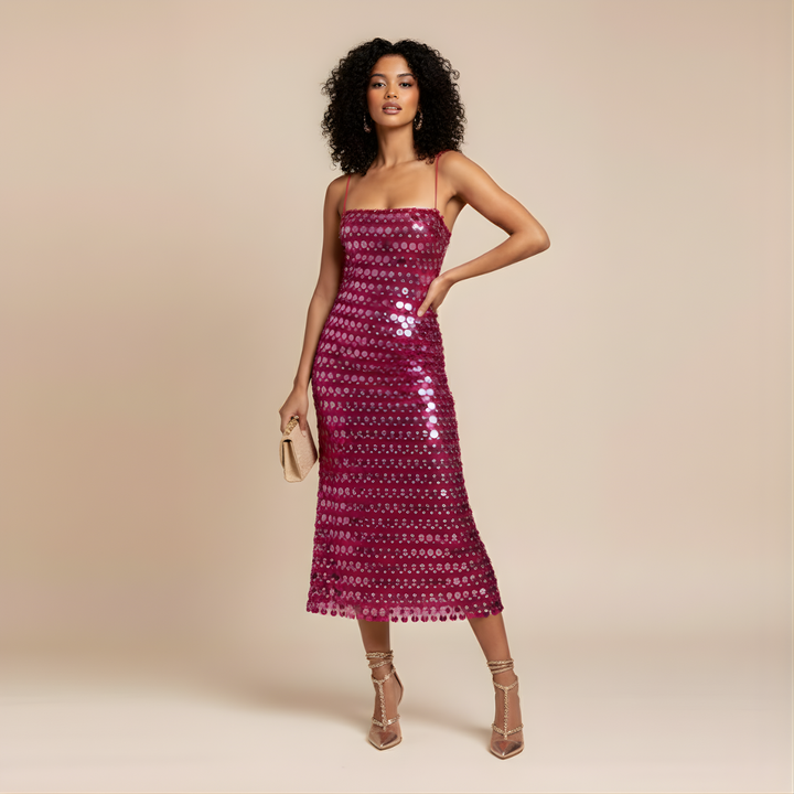 Women’s Sequin Evening Midi Dress with Slim Straps