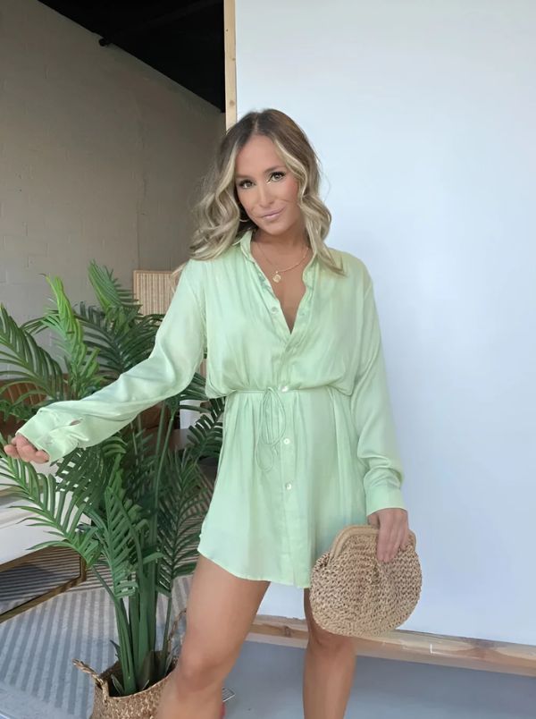 Women’s Long Sleeve Button-Front Shirt Playsuit Dress with Adjustable Waist Tie and Built-In Shorts