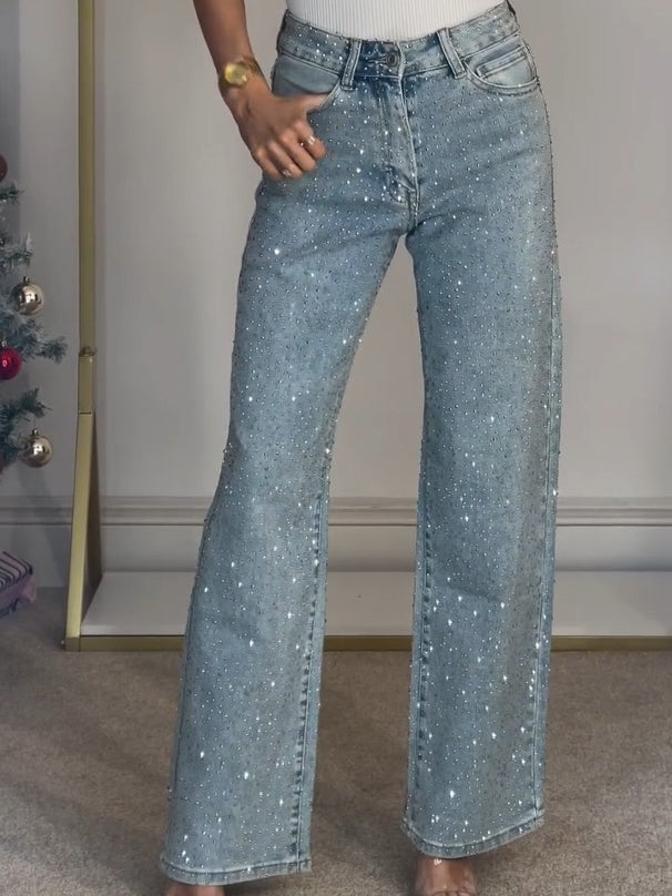 Women’s High Waisted Sparkly Denim Pants with Straight Leg Jeans