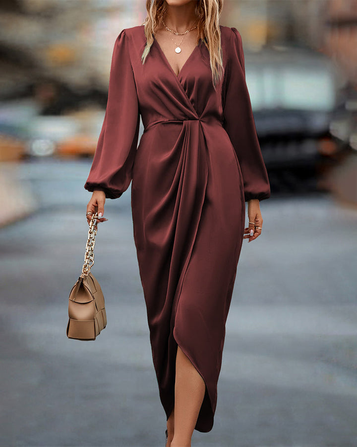 Women’s V-Neck Wrap Midi Dress with Long Sleeves