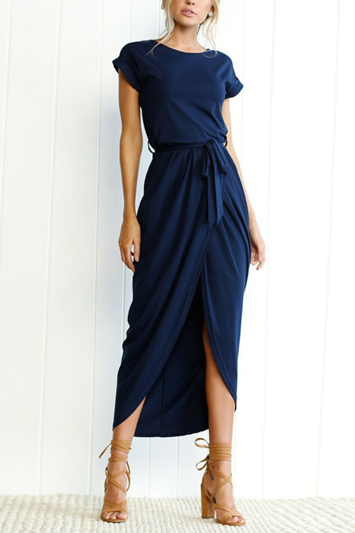 Women’s Short-Sleeve Midi Dress with Waist Tie
