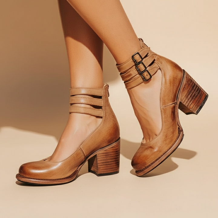 Women’s Closed Toe Block Heels with Double Ankle Straps