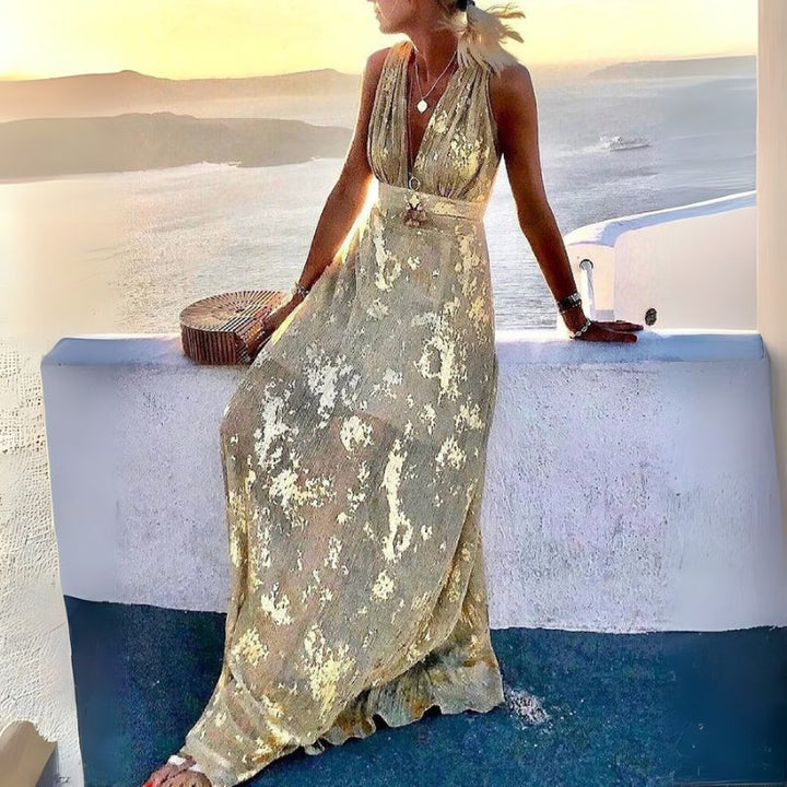 Women’s Boho Cocktail Maxi Dress with V-Neck