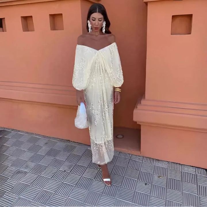 Women’s Off-Shoulder Sequin Maxi Dress with Puff Sleeves