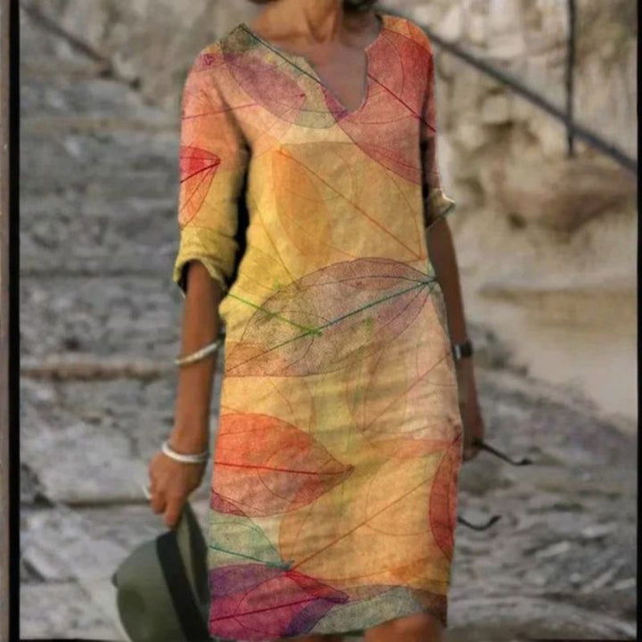 Women’s V-Neck A-Line Printed Mini Dress with Three-quarter Sleeves