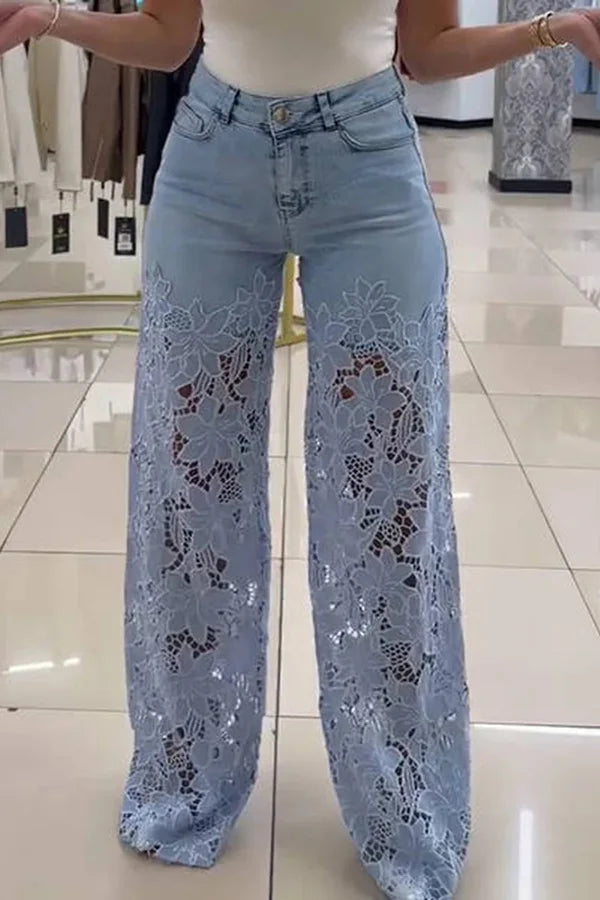 Women’s Floral Lace High Waist Pants with Wide-Leg