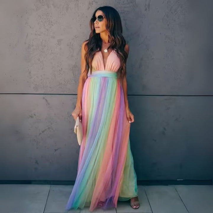 Women’s V-Neck Maxi Dress with Strappy Back — Multicolour