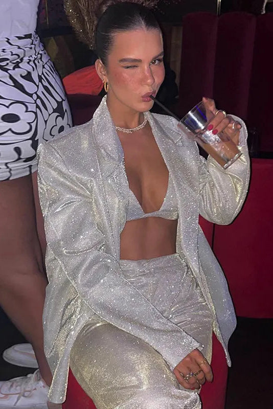 Women’s Sequin Blazer Three-Piece Set with Pants