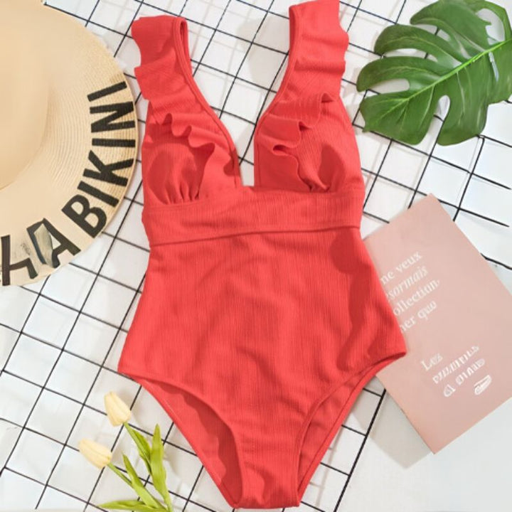 Women’s V-Neck One-Piece Swimsuit with Back Tie