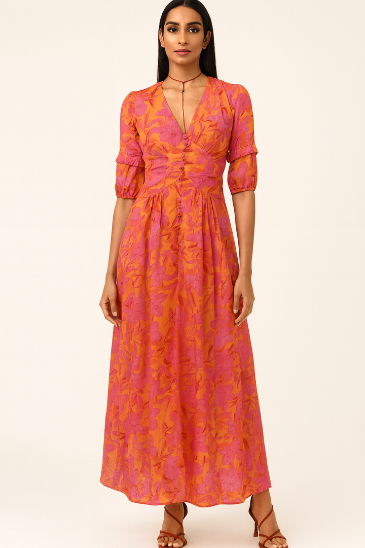 Women’s Floral Puff Sleeve Midi Cocktail Dress