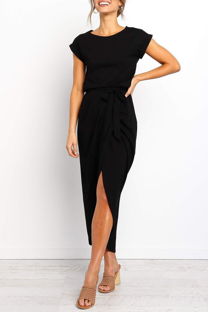 Women’s Short-Sleeve Midi Dress with Waist Tie
