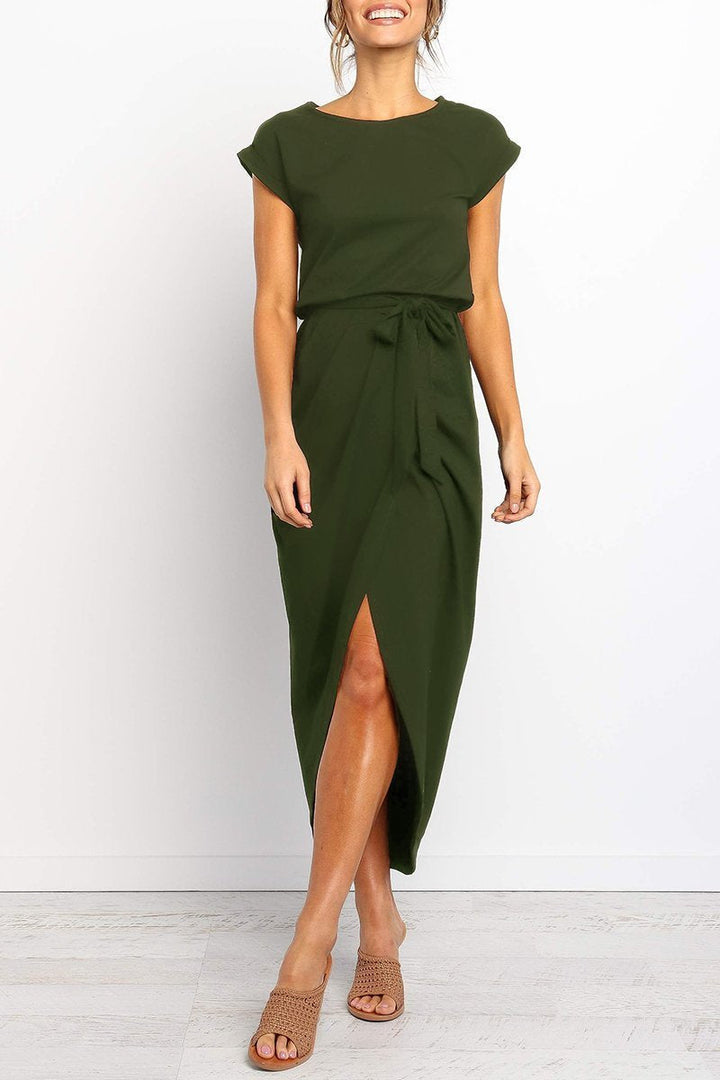 Women’s Short-Sleeve Midi Dress with Waist Tie