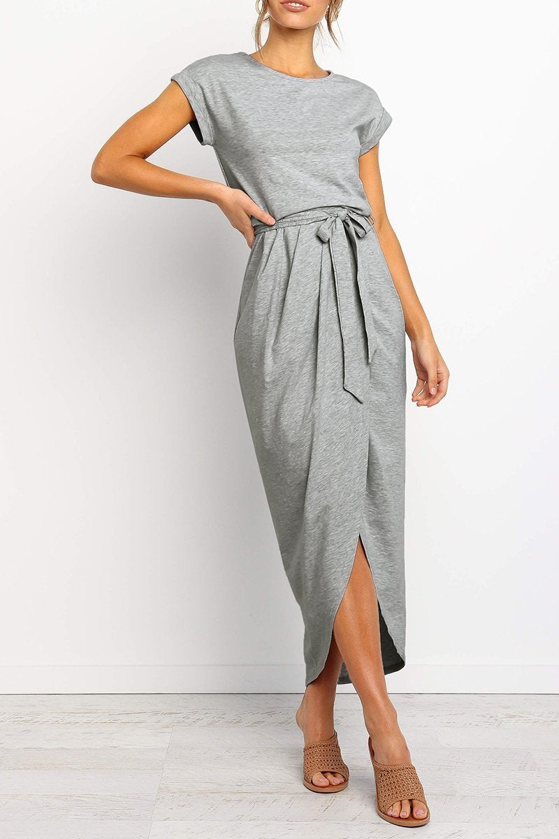 Women’s Short-Sleeve Midi Dress with Waist Tie