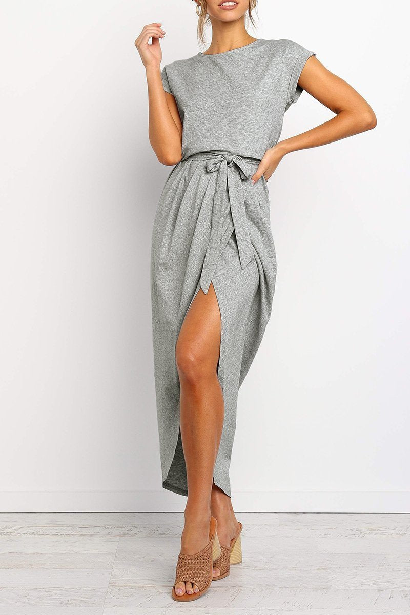 Women’s Short-Sleeve Midi Dress with Waist Tie