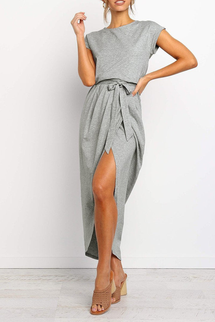 Women’s Short-Sleeve Midi Dress with Waist Tie
