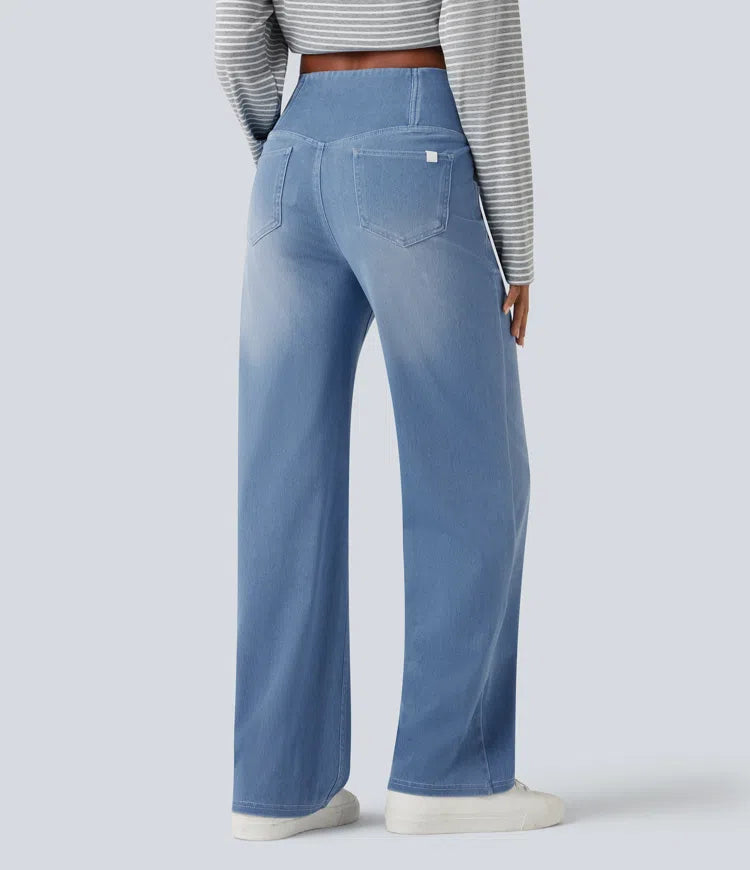 Women’s Crossover High Waisted Tummy Control Jeans with Straight Legs and Pockets