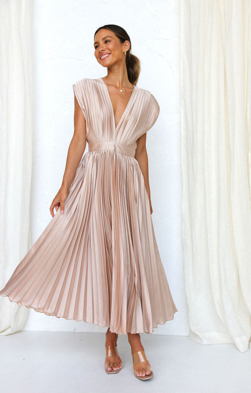 Women’s Midi Pleated V-Neck Sleeveless Dress