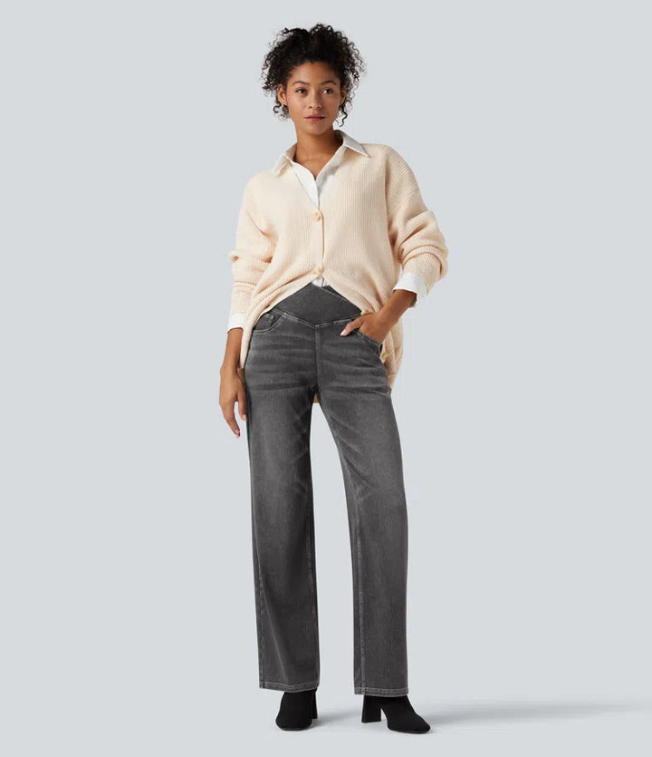 Women’s Crossover High Waisted Tummy Control Jeans with Straight Legs and Pockets