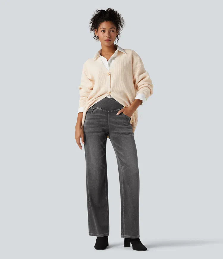 Women’s Crossover High Waisted Tummy Control Jeans with Straight Legs and Pockets