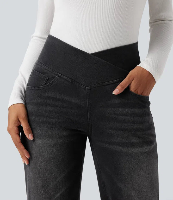 Women’s Crossover High Waisted Tummy Control Jeans with Straight Legs and Pockets