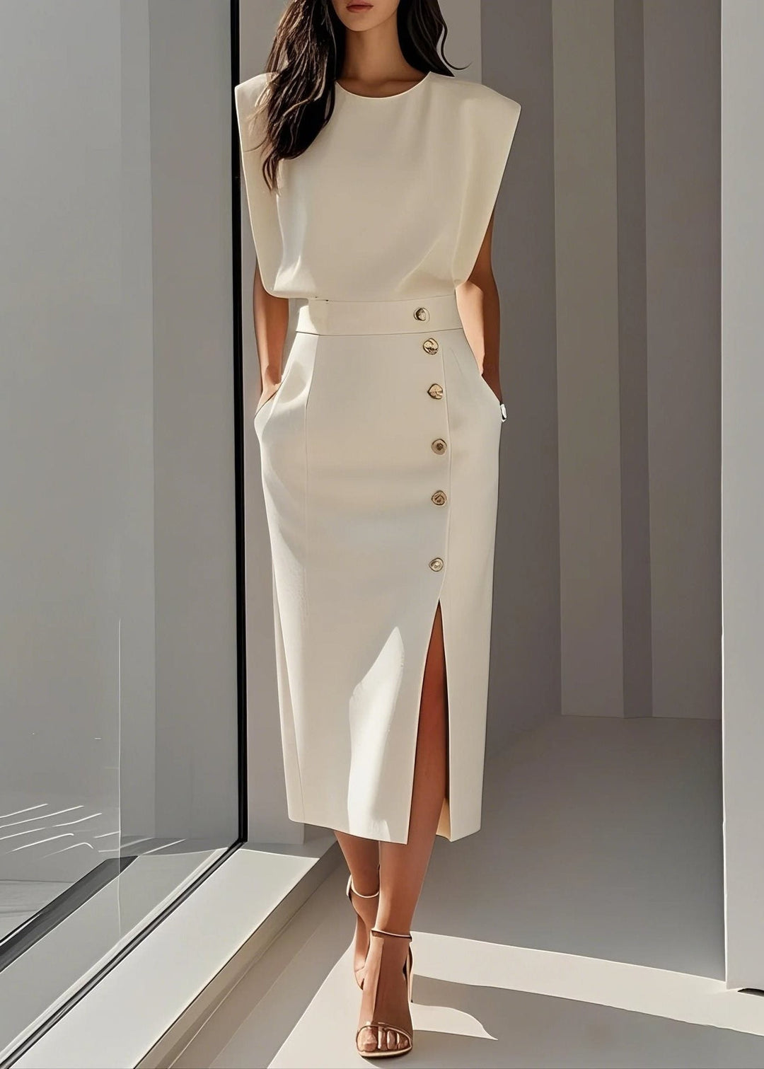 Women’s Sleeveless Midi Dress with Button Detail and Side Slit