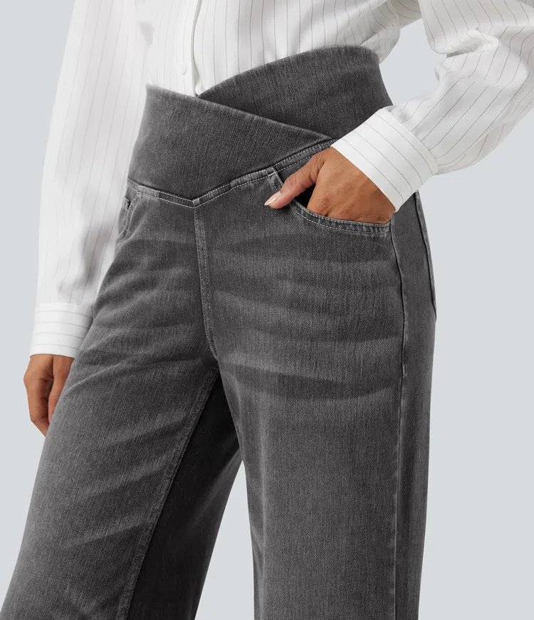 Women’s Crossover High Waisted Tummy Control Jeans with Straight Legs and Pockets