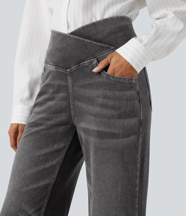 Women’s Crossover High Waisted Tummy Control Jeans with Straight Legs and Pockets