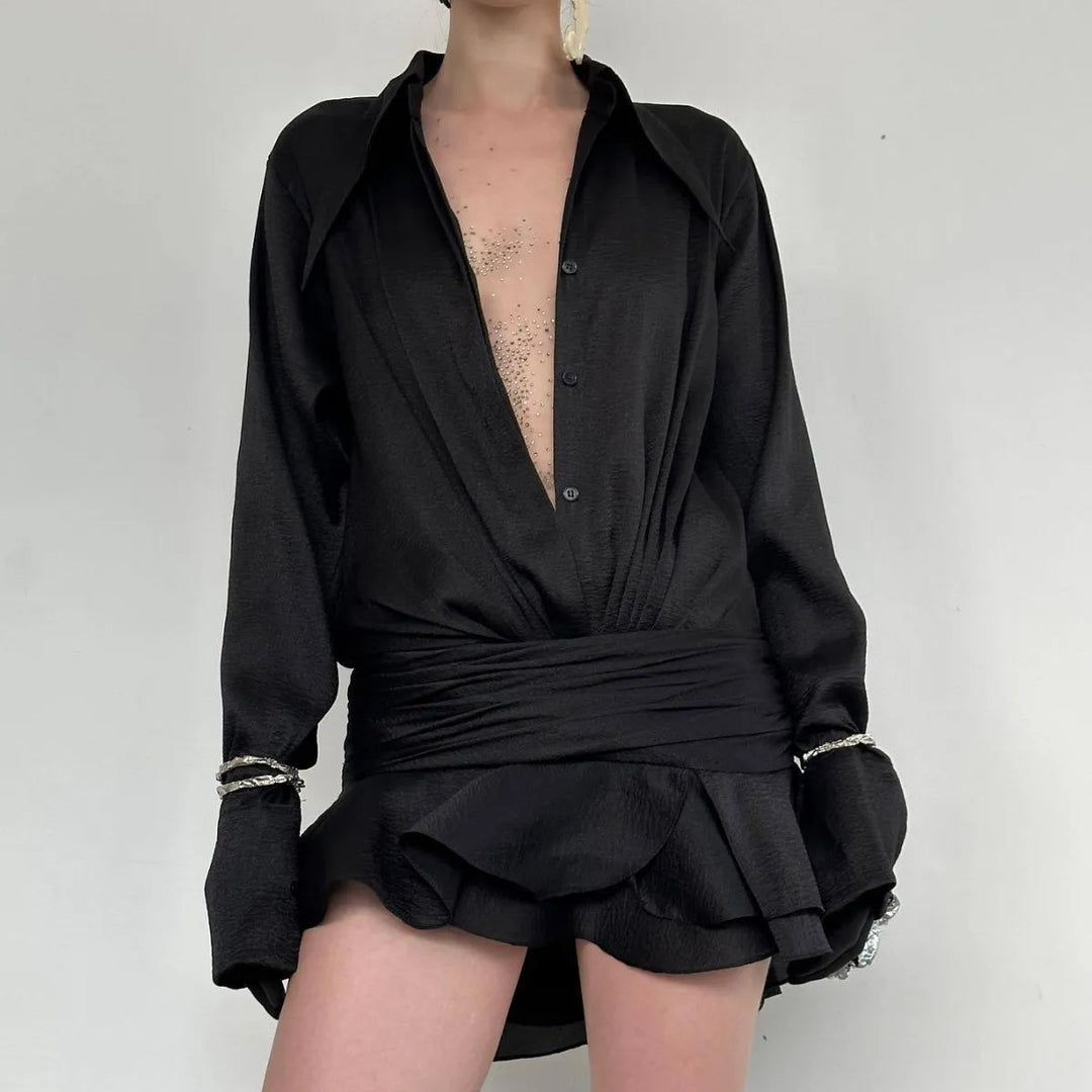 Women’s V-neck Pleated Shirt Mini Dress with Ruffle Hem